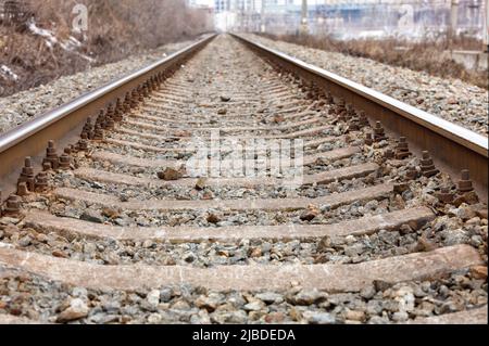 Les rails parallèles, convergeant l'un sur l'autre dans un flou à l'horizon, sont fixés aux traverses en béton avec des boulons métalliques. Banque D'Images