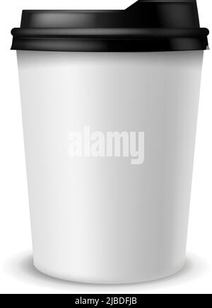 Tasse à café en papier. Boîte à emporter pour latte, expresso et cappuccino, couvercle en plastique noir, boissons matinales dans un café ou un restaurant, blanc vierge Illustration de Vecteur