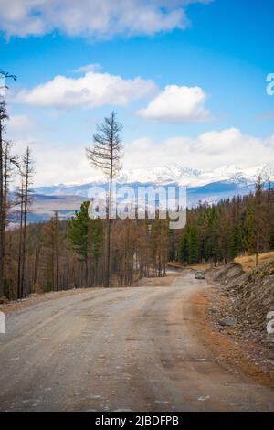Route sur le fond de belles montagnes dans la forêt de printemps, Altai, Russie Banque D'Images