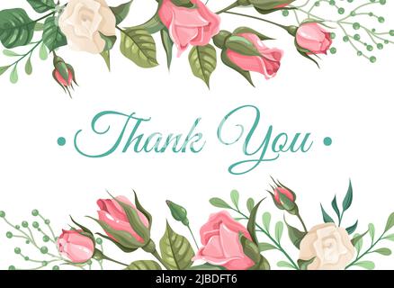 Carte de remerciement. Élégantes fleurs roses et blanches avec feuilles vertes. Bordure décorative, cadre botanique, texte dessiné à la main, fleurs et décor verdoyant Illustration de Vecteur