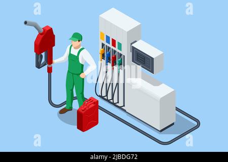 Pompes à carburant isométriques à une station-service. Buses de remplissage colorées de la pompe à essence. Illustration de Vecteur