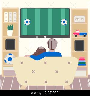 Couple regardant le championnat de football à la télévision dans le salon. Illustration vectorielle Illustration de Vecteur