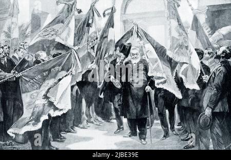 La légende de 1906 se lit comme suit : « LA RÉCEPTION DU PRÉSIDENT KRUGER À MARSEILLE.—cette image nous ramène à aujourd'hui et à la lutte courageuse des Boers pour la liberté. La France a montré une telle sympathie pour les Boers pour causer beaucoup de sentiments durs et quelques difficultés diplomatiques entre elle et l'Angleterre. Quand le grand vieil homme d'Afrique du Sud est arrivé, en France pour demander l'aide de l'Europe, il y a eu une réception officielle, et il est passé comme vous le voyez ici le long d'une avenue entière de drapeaux français. » Stephanus Johannes Paulus Kruger (ou juste Paul Kruger) (1825-1904) était le président de la République sud-africaine (sometim Banque D'Images