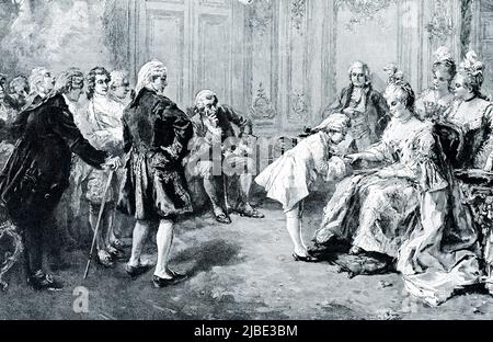 MOZART A PRÉSENTÉ À MADAME POMPADOUR.—dans la période la plus rusée de la cour française quand Louis XV s'assit sur le trône et sa maîtresse, Madame Pompadour, régna en son nom, elle fut traitée comme une reine. Les beaux-arts, y compris la musique, commençaient à s'épanouir en France, et le petit Mozart, qui fut ensuite le plus grand musicien de l'époque, fut présenté comme une prodige infantile. Bien qu'il ait six ans, il était déjà un pianiste merveilleux et un gentilhomme, en tournée à travers l'Europe avec son père. Léopold Mozart arrive à Paris sur 18 novembre 1763, avec ses deux enfants prodiges : Maria-Anna, connue sous le nom de N Banque D'Images