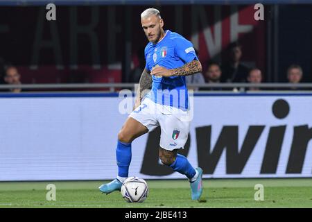 Bologne, Émilie-Romagne. 04th juin 2022. Federico DiMarco de l'Italie lors de la ligue des nations européennes 2022 match Italie-Allemagne Renato dall'ara stade à Bologne, Italie, 04 juin 2022 Fotografo01 crédit: Agence de photo indépendante/Alamy Live News Banque D'Images