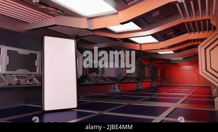 Smartphone dans le vaisseau spatial ou l'intérieur de station spatiale, Sci Fi tunnel, marché en ligne Internet de banque concept, 3D rendu. Banque D'Images