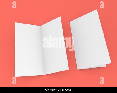Maquette de brochure ouverte et fermée sur fond rouge. 3d rendu de l'illustration. Banque D'Images
