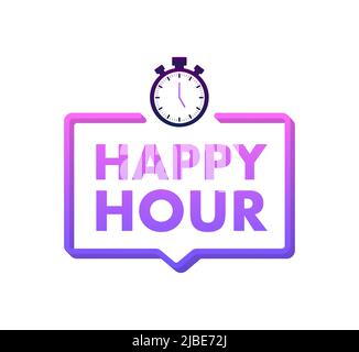 Affiche vintage avec Happy Hour noire pour le design de bannière. Police noire vintage. Bannière en verre. Symbole offre spéciale. Promotion à prix réduit. Icône entreprise Illustration de Vecteur