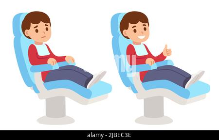 Mignon petit garçon de dessin animé assis dans une chaise dentaire, peur et heureux de donner le pouce vers le haut. Enfants drôles chez le dentiste visite, illustration clip art isolée. Illustration de Vecteur