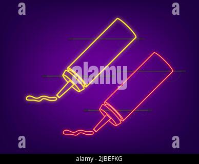 Ketchup rouge et bouteille de moutarde jaune sur fond blanc. Illustration néon. Illustration vectorielle de dessin animé isolée Illustration de Vecteur