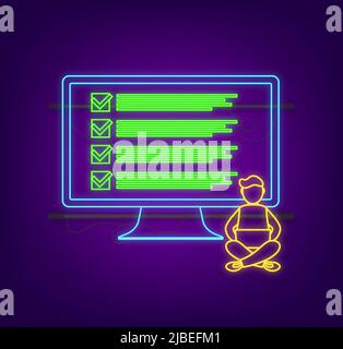 Examen en ligne, liste de contrôle et crayon, choix de la réponse, formulaire de questionnaire, passage au test. Icône néon. Illustration vectorielle Illustration de Vecteur