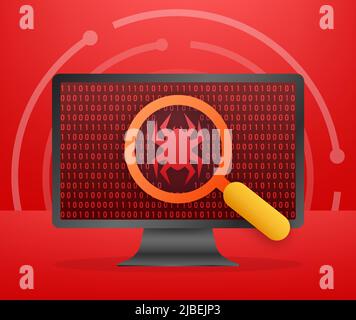 Rechercher, trouver des bogues et des virus. Balayage de la loupe. Protection antivirus. Illustration du stock vectoriel. Illustration de Vecteur