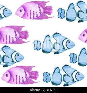 Aquarelle dessin à la main sans couture avec des animaux marins sous-marins coquillages poissons. Bleu-violet algues jellyfish, océan mer été vacances fond de plage, tissu turquoise imprimé Banque D'Images