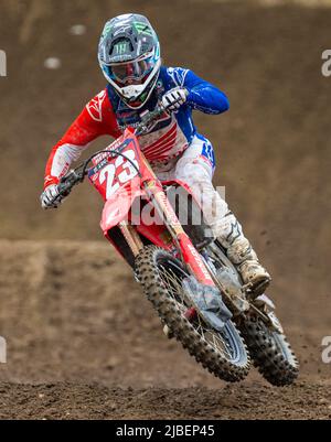 Cordova, CA, 04 juin 2022 Rancho Cordova, CA États-Unis Chase Saxton prend de l'air à son tour 22 pendant le Lucas Oil Pro Motocross Hangtown Classic 450 Group A qualifiant au Hangtown Rancho Cordova, CA Thurman James/CSM Banque D'Images