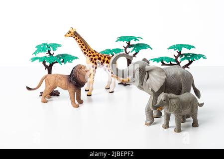Groupe de jouets animaux de la jungle isolés sur fond blanc. Jouets en plastique pour animaux. Banque D'Images