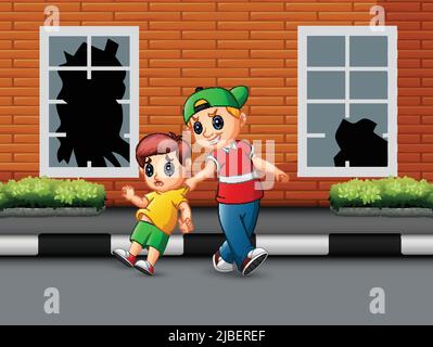 Un enfant méchant dérange un enfant et l'effraye sur la route Illustration de Vecteur