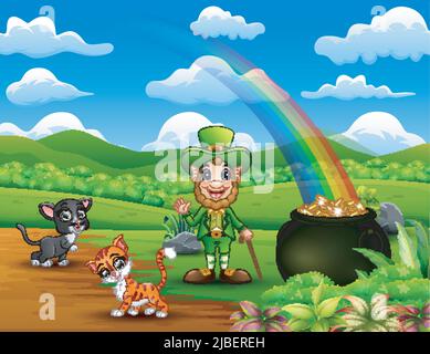 Caricature St Patrick les lieurechauns célèbrent avec un animal de compagnie Illustration de Vecteur