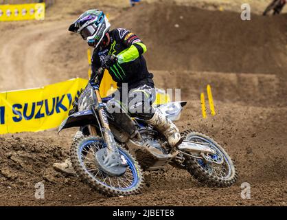 Cordova, CA, 04 juin 2022 Rancho Cordova, CA Etats-Unis Eli Tomac entrant dans le tour 23 pendant le Lucas Oil Pro Motocross Hangtown Classic 450 Groupe A qualifiant au Hangtown Rancho Cordova, CA Thurman James/CSM Banque D'Images