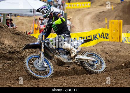 Cordova, CA, 04 juin 2022 Rancho Cordova, CA États-Unis Eli Tomac sortant du virage 23 pendant le Lucas Oil Pro Motocross Hangtown Classic 450 Groupe A qualifiant au Hangtown Rancho Cordova, CA Thurman James/CSM Banque D'Images