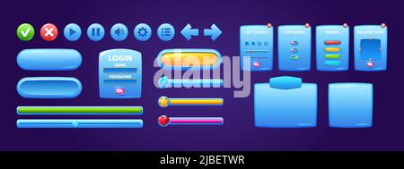 Fenêtres d'interface de menu de jeu, options de dessin animé, paramètres, plaques d'aventure avec boutons d'interface utilisateur, barres de progression et éléments d'interface graphique. Panneaux utilisateur brillants bleus avec curseurs, jeux de modèles de conception de cartes vectorielles Illustration de Vecteur