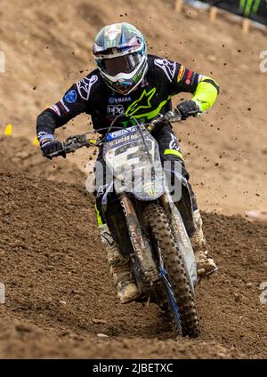 Cordova, CA, 04 juin 2022 Rancho Cordova, CA Etats-Unis Eli Tomac entrant dans le tour 23 pendant le Lucas Oil Pro Motocross Hangtown Classic 450 Groupe A qualification à Hangtown Rancho Cordova, CA Thurman James/CSM Banque D'Images