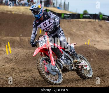 Cordova, CA, 04 juin 2022 Rancho Cordova, CA États-Unis Ken Roczen entrant dans le tour 23 pendant le Lucas Oil Pro Motocross Hangtown Classic 450 Groupe A qualifiant au Hangtown Rancho Cordova, CA Thurman James/CSM Banque D'Images