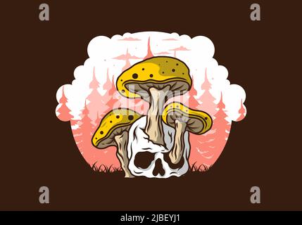 Motif représentant un champignon qui pousse sur le crâne humain dans des couleurs vintage Illustration de Vecteur