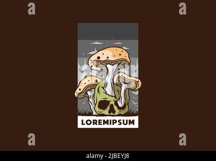 Motif représentant un champignon qui pousse sur le crâne humain dans des couleurs vintage Illustration de Vecteur