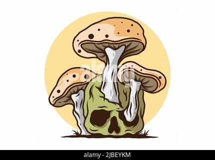 Motif représentant un champignon qui pousse sur le crâne humain dans des couleurs vintage Illustration de Vecteur