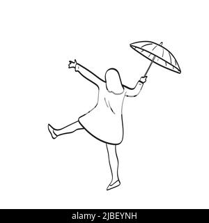 dessin au trait vue arrière de la femme tenant un parapluie saut illustration vecteur dessiné à la main isolé sur fond blanc Illustration de Vecteur