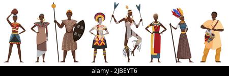 Peuple de tribu africaine, village natal origine ethnique vecteur illustration ensemble. Personnages de dessins animés dans la collection traditionnelle de vêtements ethniques tribaux isolés sur blanc Illustration de Vecteur