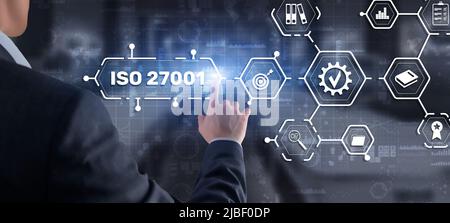 ISO 27001. Norme internationale de sécurité des informations. Concept de garantie de contrôle qualité des normes ISO Banque D'Images