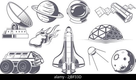 Étiquettes d'espace. Badges monochromes avec fusées spatiales astronaute explorant l'univers aventure navettes illustration vectorielle exacte stylisée Illustration de Vecteur