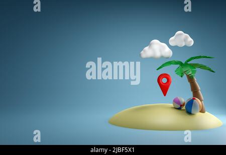 3D carte emplacement et île abd ball plage. Voyage été 3D concept. 3D rendu des illustrations. Banque D'Images