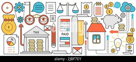 Technologie des comptes fiscaux et bancaires. Facture de reçu de commande et symboles de banque de porc, solde de crédit dans les documents et les formulaires, transaction d'argent dans le commerce bannière conceptuelle infographie, conception de l'art de ligne mince Illustration de Vecteur