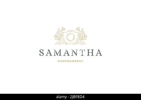 Luxe abstrait Blossom photo caméra vidéo femme beauté blog romantique décor design ligne art logo illustration vectorielle. Carte de visite photo Premium Illustration de Vecteur