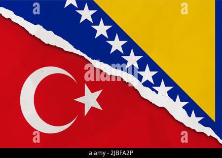 Le drapeau de la Bosnie-Herzégovine et de la Turquie a déchiré le papier de fond grunge. Résumé Bosnie-Herzégovine et Turquie économie, politique conflits, guerre c Banque D'Images