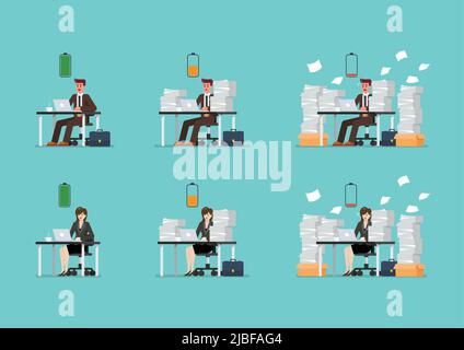 L'énergie des travailleurs dans le concept de bureau. Travailleurs à batterie pleine et travailleurs à batterie faible assis à la table avec un ordinateur portable et pile de papiers. Illustration vectorielle Illustration de Vecteur