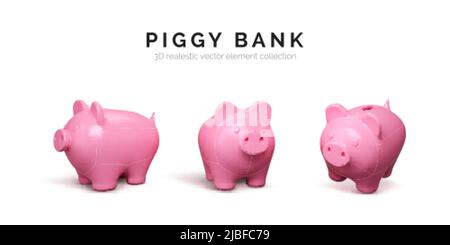 Jeu de 3D tirelires réalistes. Cochon rose isolé sur fond blanc. Concept de banque de piggy de dépôt d'argent et d'investissement. Illustration vectorielle Illustration de Vecteur