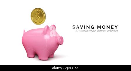 Concept financier et commercial de piggy Bank. Cochon rose réaliste avec pièce d'or en chute. Bannière d'investissement financier. Des économies. Illustration vectorielle Illustration de Vecteur