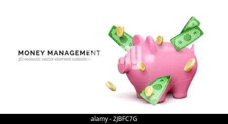 Banque de porc rose et de l'argent et des pièces d'or de papier vert en chute. Bannière d'investissement de financement isolée sur fond blanc. Concept d'économie d'argent. Vecteur illus Illustration de Vecteur