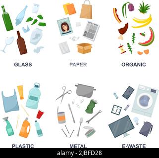 Banderoles avec verre, plastique, papier, organique, métal et déchets e-aqueux, illustration vectorielle Illustration de Vecteur