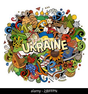 Ukraine dessin main dessin dessin dessin animé Doodle illustration. Drôle de design ukrainien. Arrière-plan vectoriel créatif. Texte manuscrit avec éléments de pays européens a Illustration de Vecteur