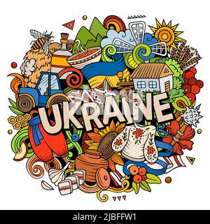 Ukraine dessin main dessin dessin dessin animé Doodle illustration. Drôle de design ukrainien. Arrière-plan vectoriel créatif. Texte manuscrit avec éléments de pays européens a Illustration de Vecteur