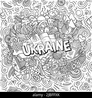 Ukraine dessin main dessin dessin dessin animé Doodle illustration. Drôle de design ukrainien. Arrière-plan vectoriel créatif. Texte manuscrit avec éléments de pays européens a Illustration de Vecteur