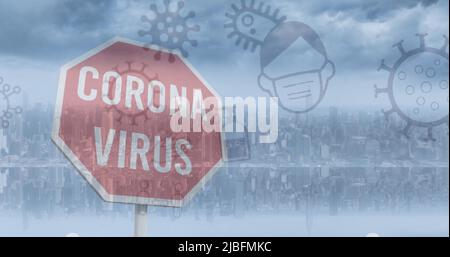 Image de covid 19 icônes flottant sur le texte du virus corona sur le panneau stop et le paysage urbain Banque D'Images
