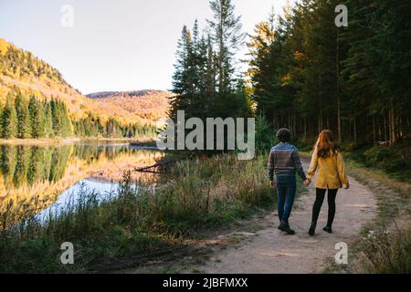 vue arrière d'un jeune couple romantique méconnaissable en vêtements élégants tenant les mains tout en marchant et en admirant le paysage d'automne pittoresque de cal Banque D'Images