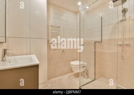 Lavabo avec tiroir placé au mur dans la salle de bains élégante avec cabine de douche en verre et radiateur près des toilettes sur les murs labourés Banque D'Images