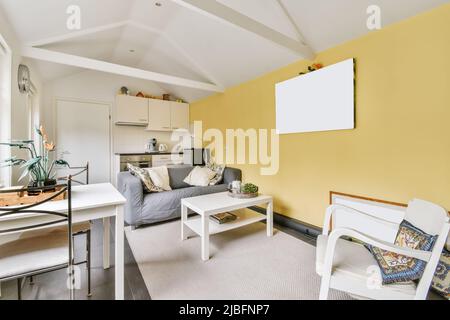 Salon et salle à manger avec mobilier moderne près de la cuisine dans un petit appartement éclairé par le soleil en journée Banque D'Images