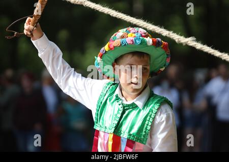 Hergisdorf, Allemagne. 06th juin 2022. Des papillotes à fouet se tiennent au Dirty Pig Festival de 2022 à Hergisdorf sur le site du festival sur le Wildbahn. À la fête de la forêt, l'hiver est symboliquement chassé par le festival Dirty Pig. Pour ce faire, les hommes sautent dans un trou de boue. Credit: Matthias Bein/dpa/Alay Live News Banque D'Images